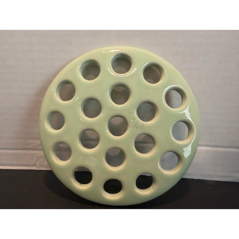 Vintage Celadon Green Ceramic Flower Frog 19 Hole Round Pottery Floral Arranger